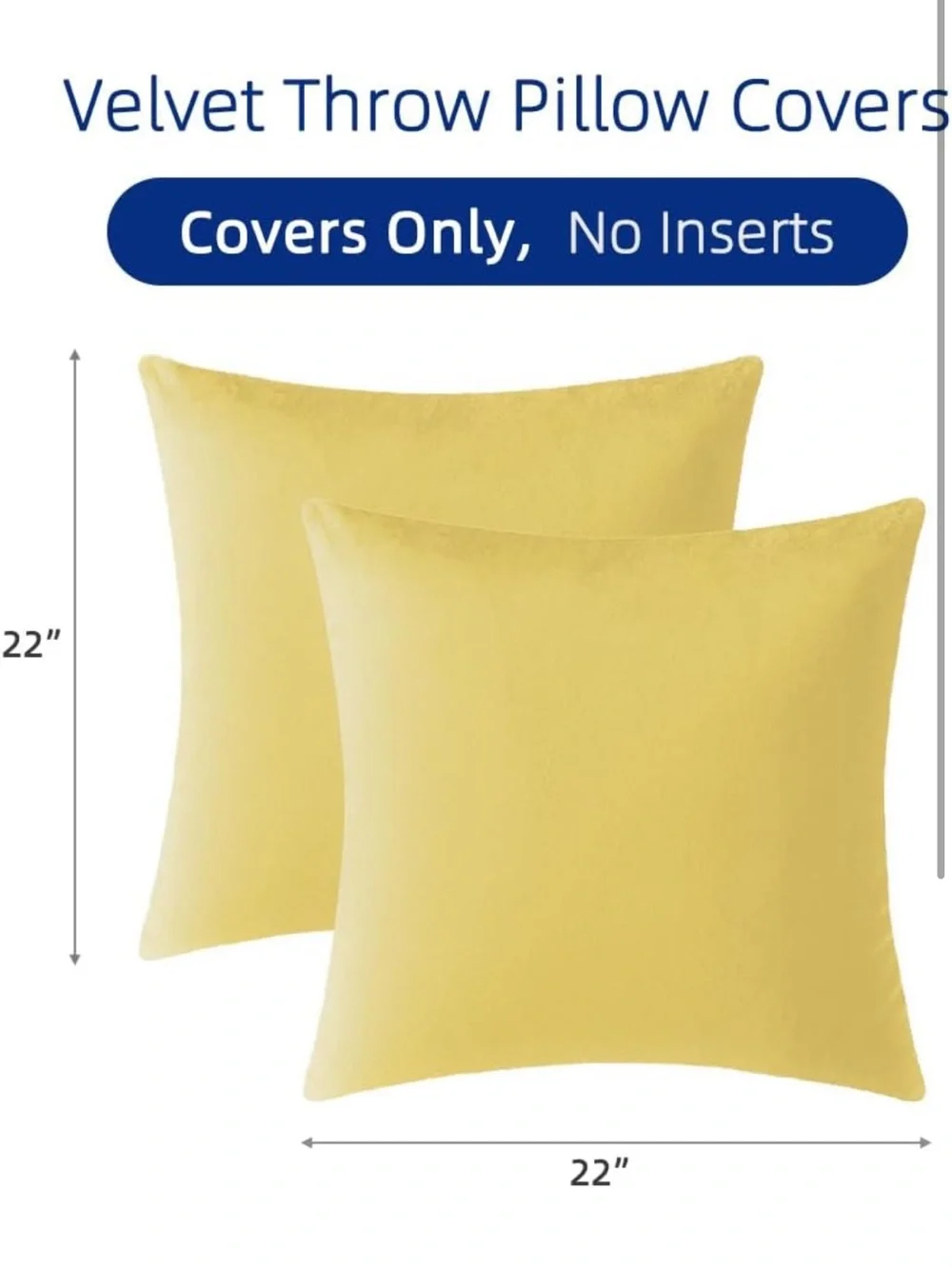 Yellow Velvet Pillow Covers 22x22 Inch Set Of 2, Soft Solid Decorative Square